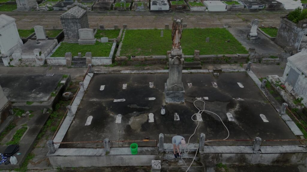 Aerial view of clearing growth from the coping tomb