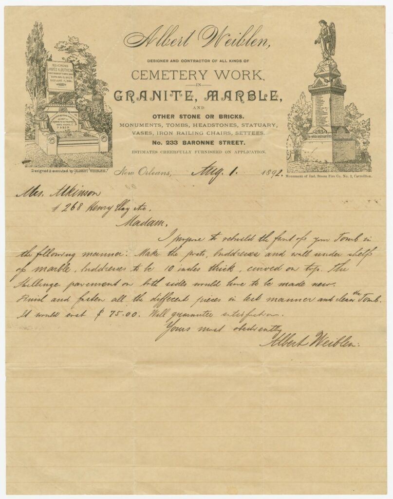 Albert Weiblen 1892 letterhead with an engraving of the Independent No. 2 monument