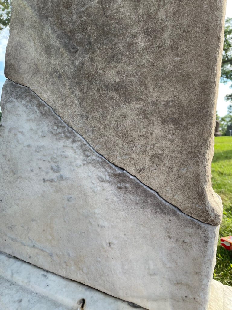 Close-up of the repaired fracture line in marble